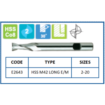 HSS M42 Long End Mills | Sizes: 2-20 | Code: E2643