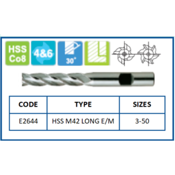 HSS M42 Long End Mills | Sizes 3-50 | Code: E2644