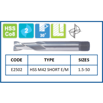 HSS M42 Short End Mills | Sizes 1.5-50 | Code: E2502